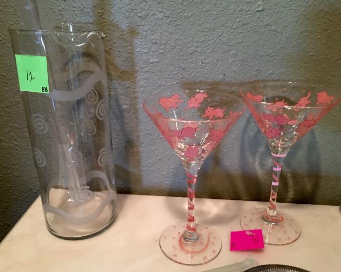 Look close -- dancing pink elephant glasses, etched decanter with stirrer.