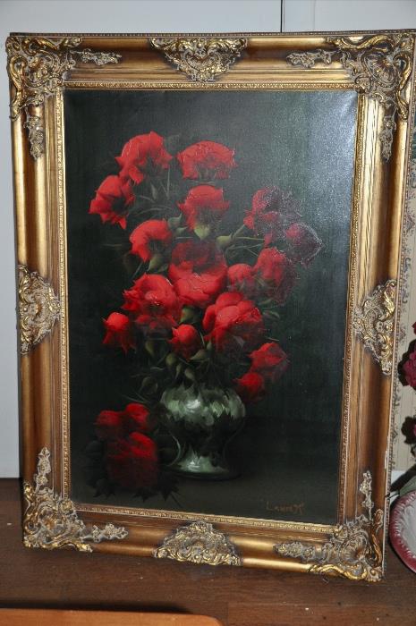 Gold Framed Oil Painting of Red Flowers; (Lamont)