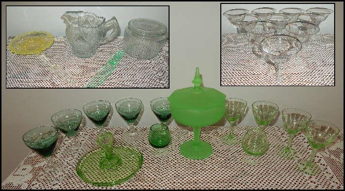 Acid glass covered compote, green depression glass and more