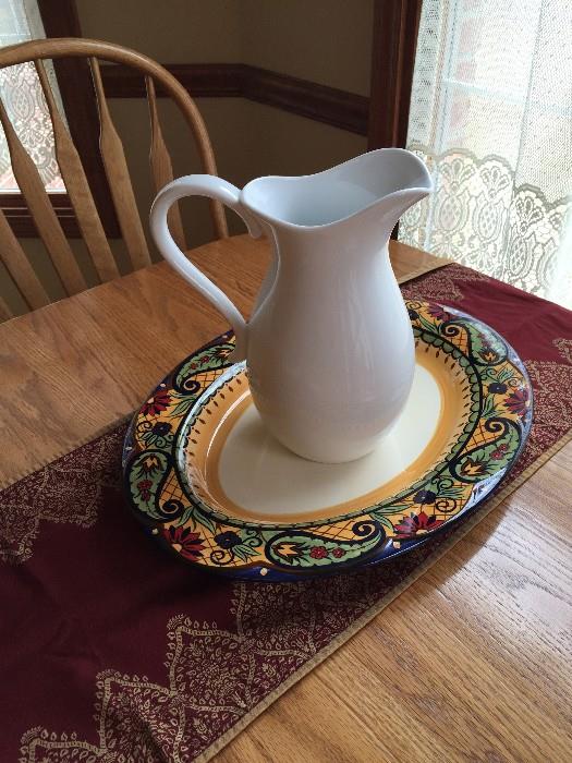 HANDPAINTED GLAZED POTTERY PLATE AND PITCHER