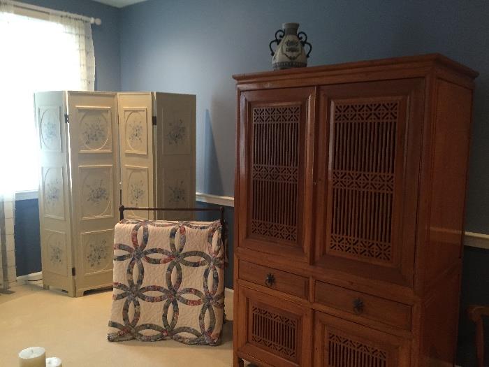 Large teak entertainment/storage cabinet, teak quilt rack, room divider