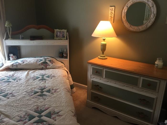 Girls' dresser and  matching twin headboard/footboard with matching lingerie chest (shown separately); Coordinating nightstand and hutch for dresser also shown separately