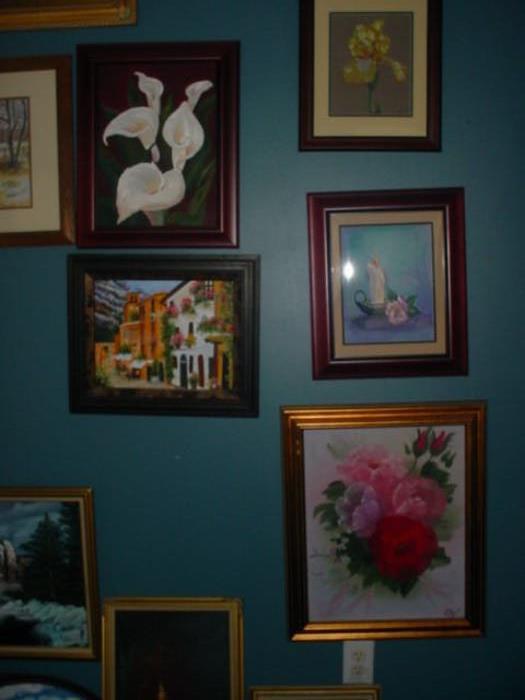 There are many of these original art pieces, all done by the artist client, in oils, charcoal, and watercolors