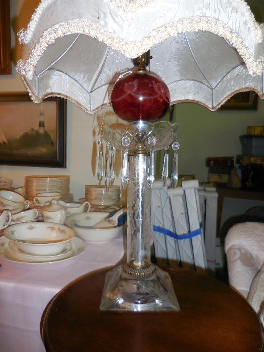 Vintage Glass (has crack on side), Cranberry ,Prisms, Table Lamp, Original Silk Shade