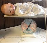 Vintage Baby Scale, baby doll in the laundry room