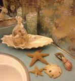 Collection of shells, starfish, sand dollars and seahorse in the lower level bath