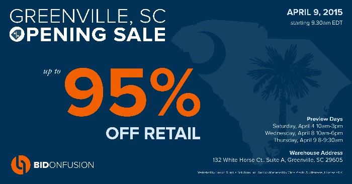Greenville’s Inaugural Blowout Live Auction happens Thursday, April 9 at 9:30am EDT until everything is sold.  Address: 132 White Horse Ct. Suite A, Greenville, SC 29605

Preview Day & Registration: SPECIAL Sneak Preview on Saturday, 4/4 from 10am-3pm EDT; Plus Wednesday 4/8 from 10am – 6pm EDT & Thursday, 4/9 from 8am – 9:30am EDT.

Pickup Days (Removal of goods): Thursday 4/9 10am until 6pm; Friday 4/10 from 8am to 4pm EDT; and Saturday 4/11 from 8am to 2pm EDT. Register in advance here --> https://bidonfusion.com/m/login/index/?url=http://bidonfusion.com/m/view-auctions/catalog/id/2545%3F