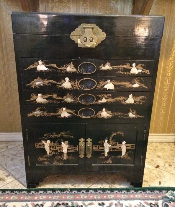 Beautiful Asian Silverware Chest with Mother of Pearl and JADE inlay