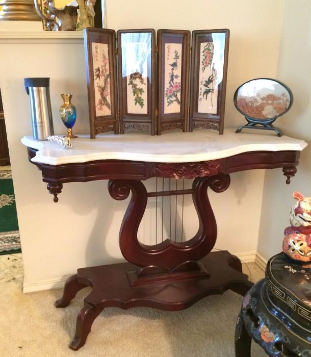 Stunning Mahogany and Marble Sofa / Side Table (harp string) tables- Lyre 
