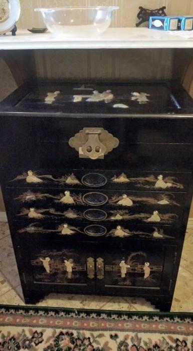 Beautiful Asian Silverware Cabinet with Mother of Pearl and JADE inlay 