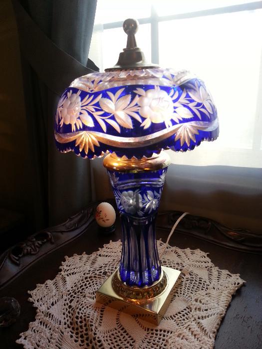 Gorgeous blue cut glass lamp
