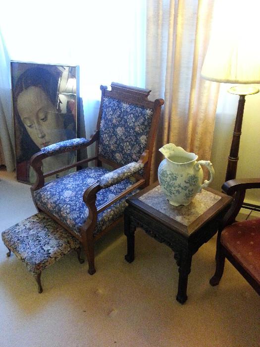 Antique chair and old Asian marble top table