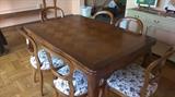 French provincial style inlay dining table with extensions on each end and six chairs