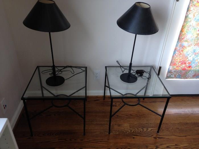 Pair of glass topped end tables and lamps
