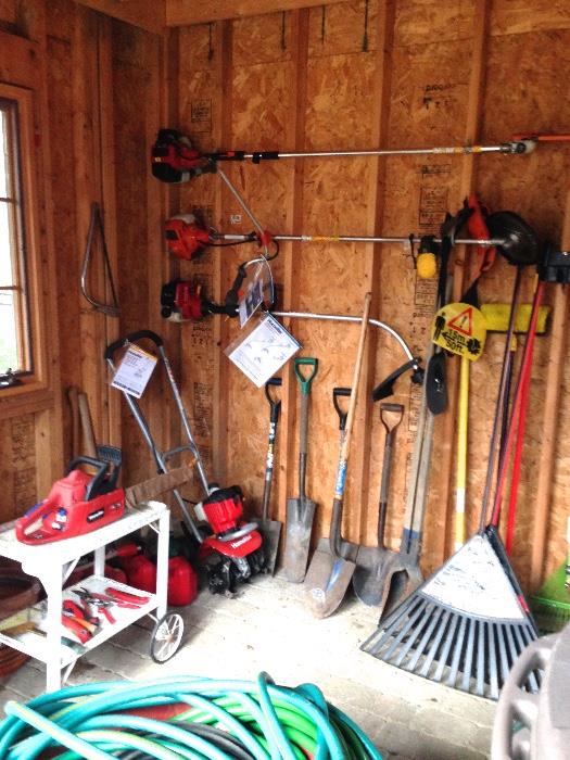 Homelite Chain Saw, Homelite 2 cycle cultivator, Homelite 25cc String Trimmer, Husqvarna trimmer model 223R, Pole saw, shovels, rakes