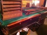 Antique pool table, oak pool ball holder, oak pool cue holder. 