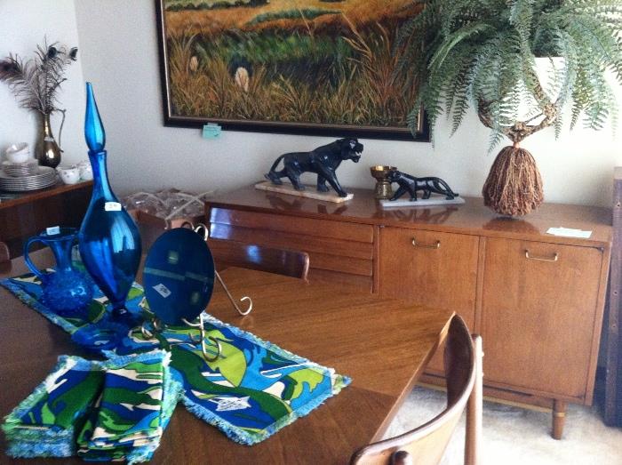 Vintage walnut American of Martinsville table with 4 chairs. Also server and glass door display cabinet.