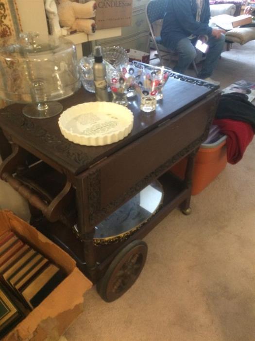 tea cart with bar lasses, cake plate and more crystal