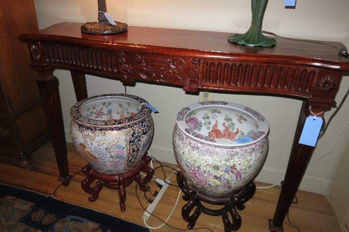 Console Table & Chinese Fish Bowls