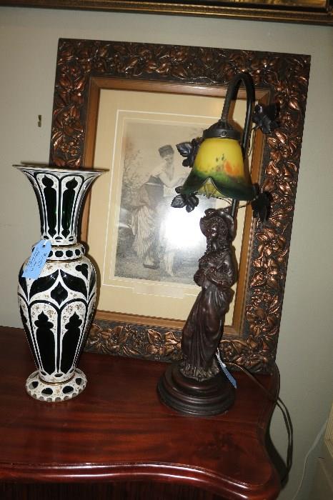 Bohemian Cut to Clear Vase, Bronze Repro Lamp, Victorian Etching