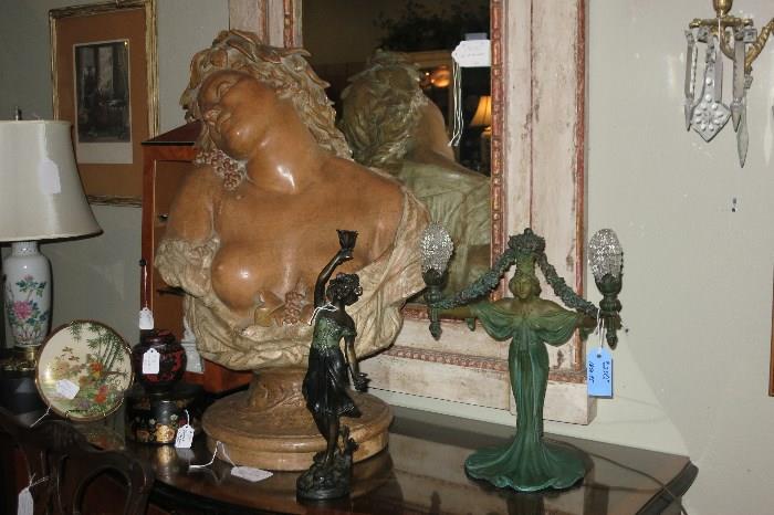 Art Nouveau Terra Cotta Sculpture, Bronze Nouveau Candle Stick & Lamp