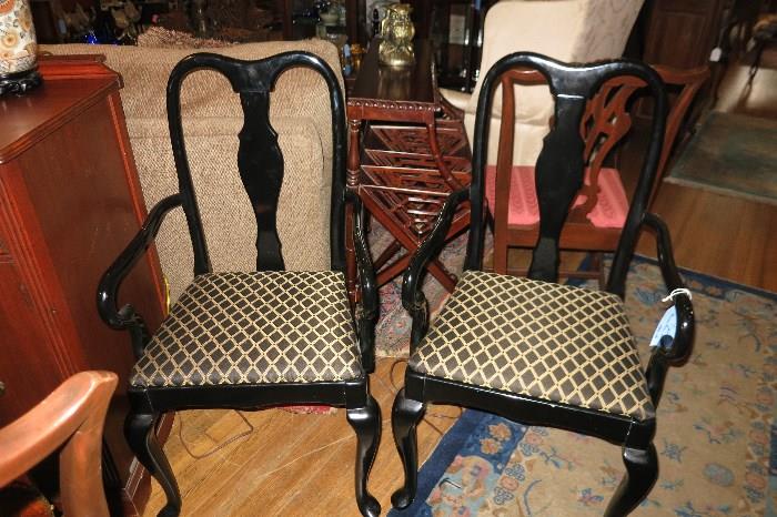 Pr of Queen Ann Chairs, Shiny Black Lacquer