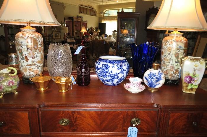 Nippon Vases, Picard, Gilt Encrusted Sugar & Cream, Red Bohemian Decanter, Wedgwood Flow Blue Jardinier, Tall Cobalt Handkerchief Vase