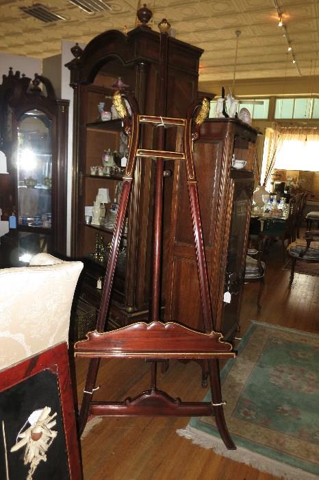 Tall Antique Art Display Easel with carved Swans