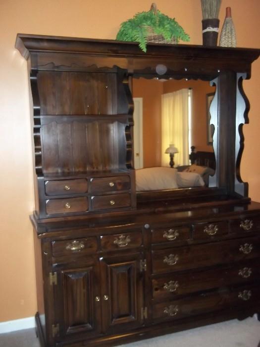 Vintage Welsh black pine dresser & mirror part of a bedroom set
