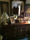 Triple dresser/mirror has matching queen bed & highboy