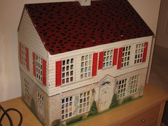 mid century tin dollhouse with furniture