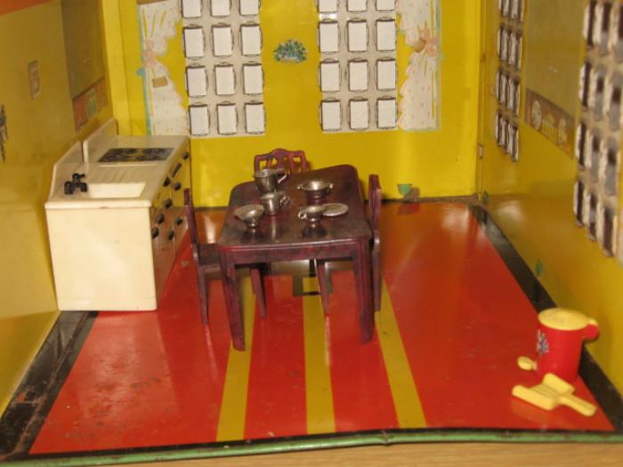 mid century tin dollhouse with furniture