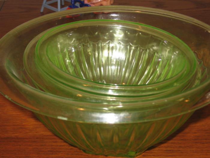 vintage roll-rim green bowls