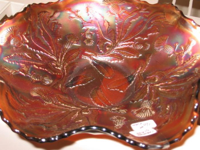 root beer color carnival glass bowl