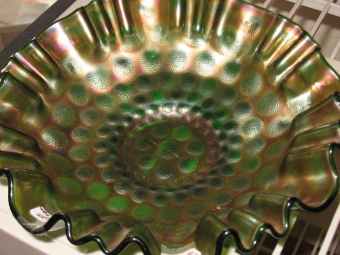 green/amber carnival glass bowl
