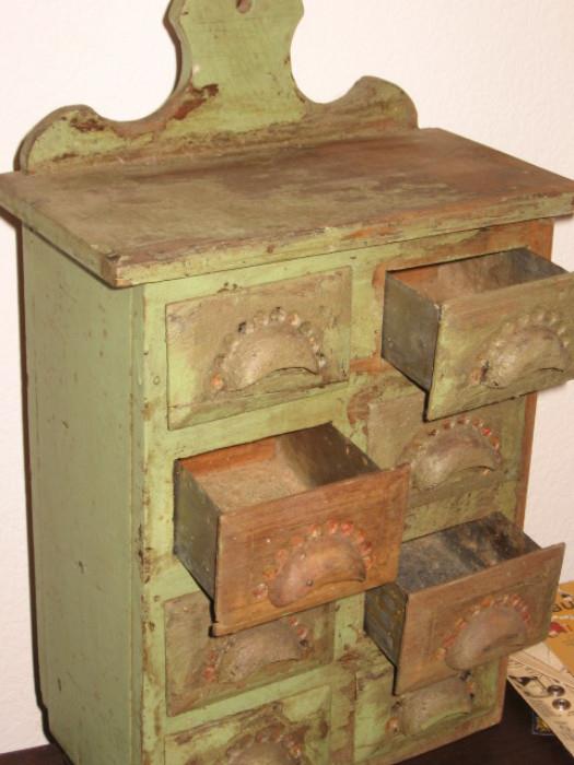 antique wood spice been with metal tin drawers