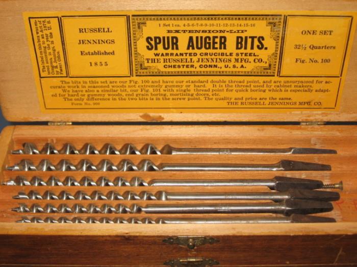 Vintage complete original set Spur Auger bits in original dovetail wood box. 13 bits, seven still in original wax wrapping paper. $200 firm