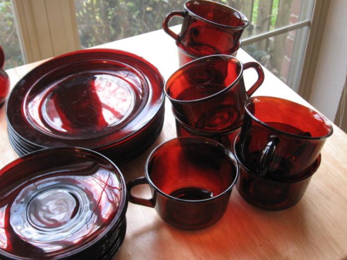 Arcoro France seven Ruby red cups, eight saucers, ate dessert plates