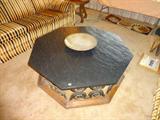 Awesome mid-century large octagon coffee table. Slate top, iron and wood base.