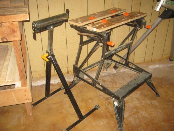 roller work stand (on left), Black & Decker workmate 200 work bench (on right)