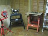 6" bench grinder (1/2 HP) mounted on stand, Hirsch circular saw mount table