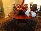 Grand Hepplewhite Mahogany Inlay 72" Round table By Henkel~Harris 60" without leaves and 12 arm chairs sold separately.