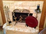 Fireplace tools, brass screen, large candlesticks
