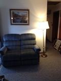 RECLINER COUCH, FLOOR LAMP AND ART
