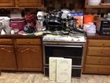 POTS AND PANS, MIXER, COFFEE DRIP, TOASTER OVEN, DISHES AND MORE
