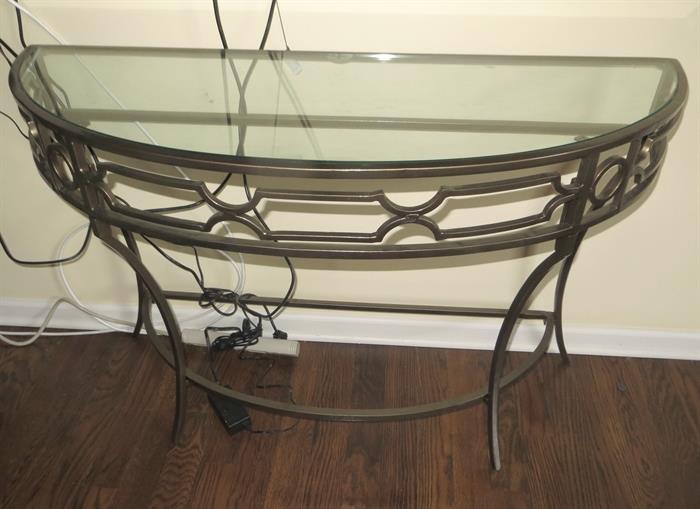 Glass and brushed pewter sofa table