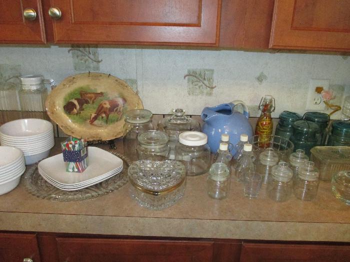 Hall Blue Pitcher, Vintage Cow Platter and more glassware.  