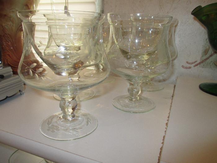 Vintage Etched Crystal Shrimp Cocktail Glasses with Glass Liners Inserts