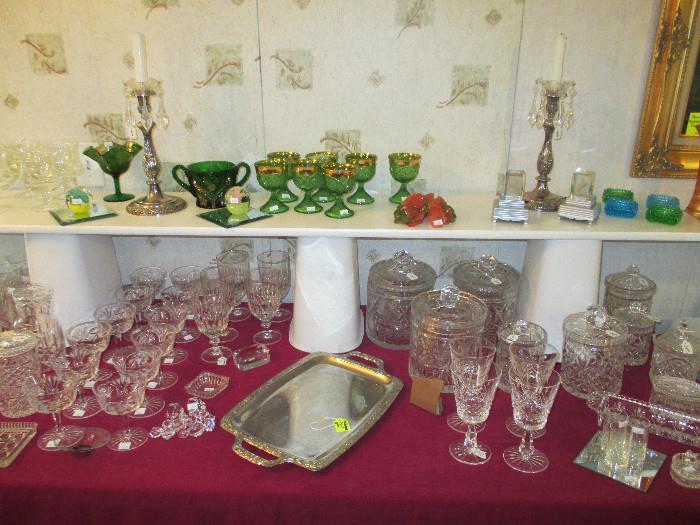 Lovely Heritage Silver Plate Candlesticks, Precious Green Carnival Compote on upper left, Paper Weights