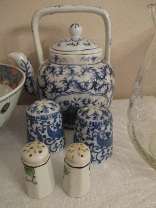 Pretty Blue and White Tea Pot, Vintage Salt and Pepper Shakers